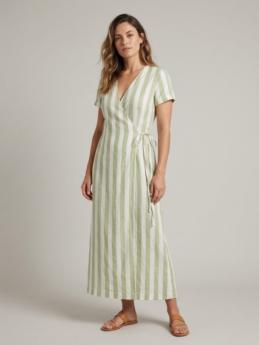 Vintage Kamisato Striped Cotton Linen Wrap Dress Size 8